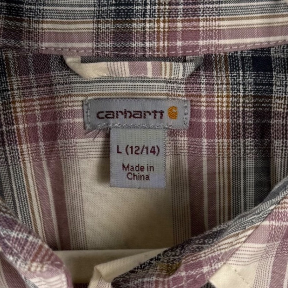 Carhartt Youth L (12-14) Plaid Button Up Shirt Long Sleeve Purple Cream 103085 - Picture 3 of 8